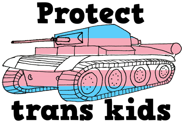 A Tetrarch tank in the colours of the trans flag - horizontal stripes of light blue, light pink, white, light pink, light blue with the words Protect trans kids