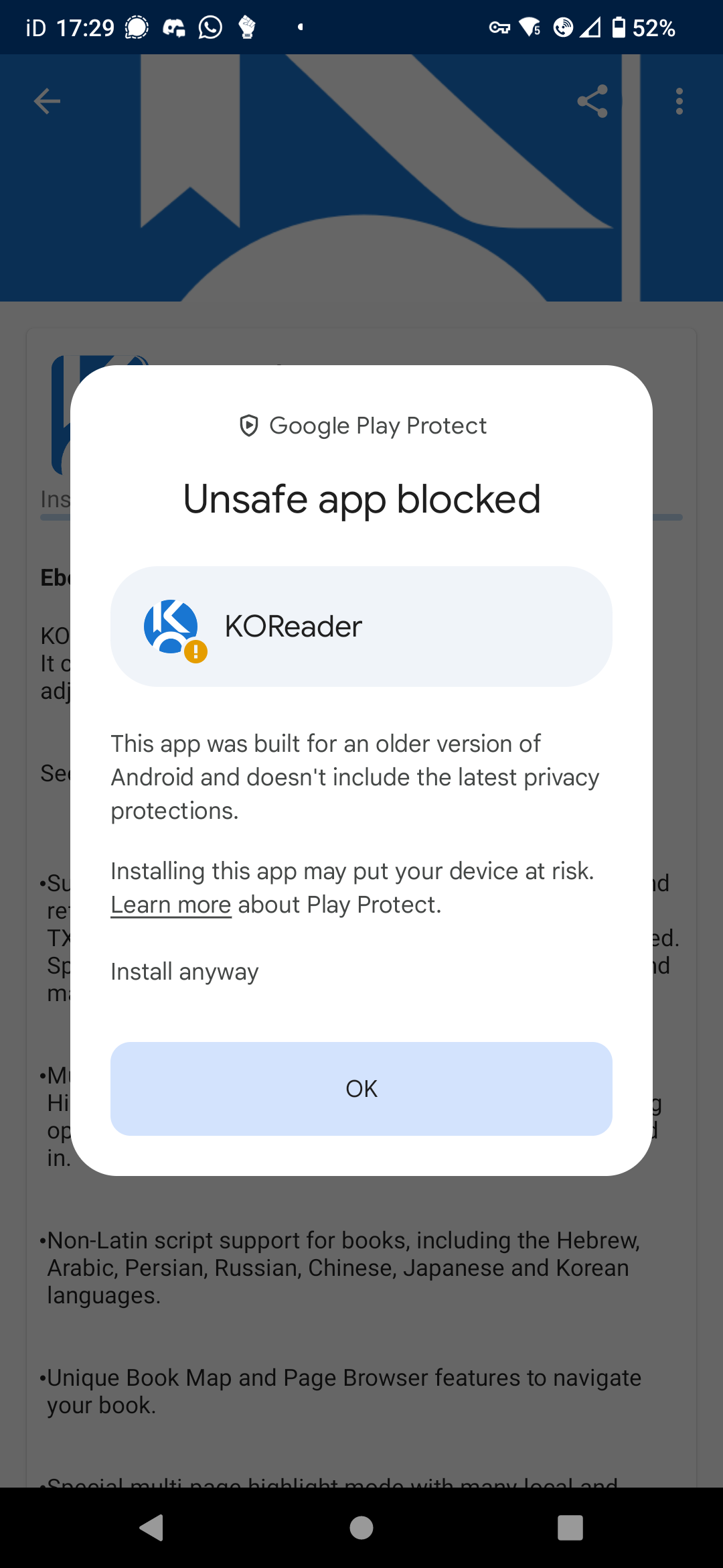 Google Play Protect screenshot warning that KOReader was built for an older version of Android and doesn't include the latest privacy protections